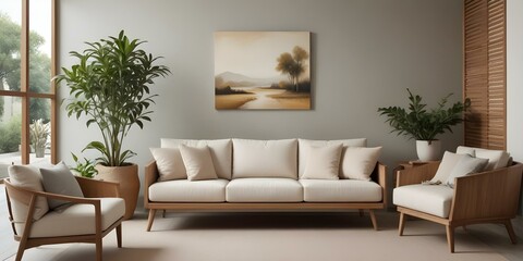 A modern living room with a large beige sofa, a wooden coffee table, and a landscape painting on the wall. The room has a minimalist and cozy feel