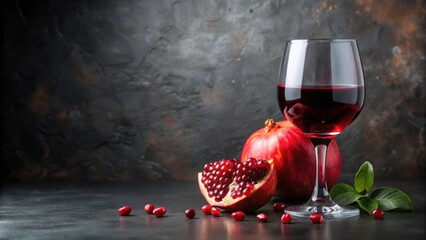 Pomegranate wine in a glass against a dark background with ripe pomegranate , pomegranate, wine, glass, dark background, ripe