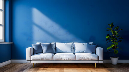 Sticker - Interior of cozy modern living room with sofa against blank, dark blue wall