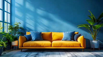 Wall Mural - Interior of cozy modern living room with sofa against blank, dark blue wall