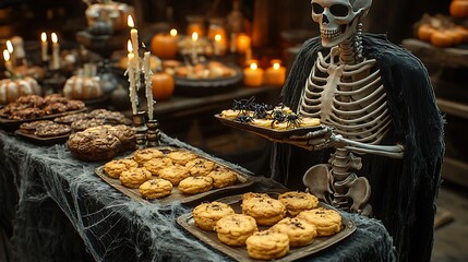 A spooky buffet with a life-sized skeleton standing behind it, holding a tray of creepy Halloween treats like witch finger cookies and spider cakes. The table is draped with dark,