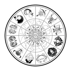 Wall Mural - astrological wheel with zodiac signs, hand drawn signs, symbols and constellations, beautiful star c