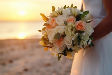 Poster - Closeup groom and bride have bouquet at the sunset beach, focus on bouquet.