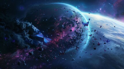 Wall Mural - majestic planet covered with a multitude of butterflies floating in the vastness of the galaxy - enc