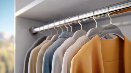 Wall Mural - A rack of clothes hanging on a metal hanger in front of mountains, AI