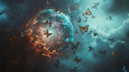 Wall Mural - majestic planet covered with a multitude of butterflies floating in the vastness of the galaxy - enc