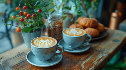 Weekend brunch at a chic coffee shop, lattes and pastries on rustic wooden tables.