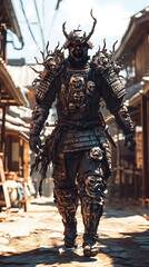 A samurai wearing menacing armor made from oni material, with a helmet, walking through an Edo period town during bright daylight