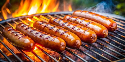 Sizzling hotdogs cook to perfection on sputtering charcoal embers in a summer backyard BBQ, filling the air with