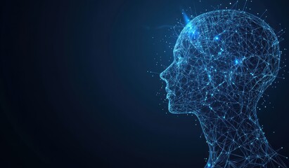 Wall Mural - blue digital wireframe hologram of human head representing artificial intelligence and future techno