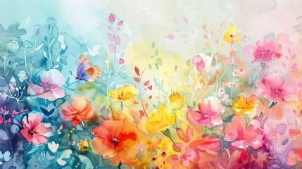 Wall Mural - vibrant watercolor painting of july flowers in pink, yellow, and light blue with delicate pastel ton