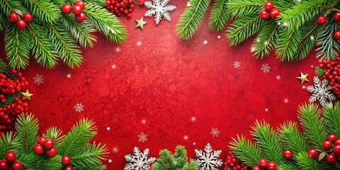 Wall Mural - Christmas red background with snowflakes, pine tree branches, and mistletoe branches, Christmas