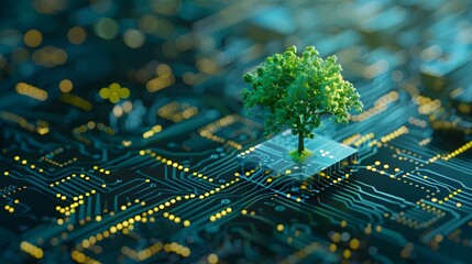 Wall Mural - green tree growing on a circuit board with glowing lights, representing the connection of nature and