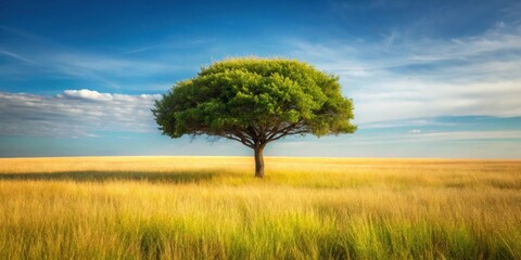 Wall Mural - Beautiful single tree with interesting shape standing in a field of tall grass, nature, landscape, scenery, solitary