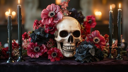 A beautifully crafted skull centerpiece, surrounded by deep red and black flowers, with tall black candles burning on either side. The table is dark and atmospheric,