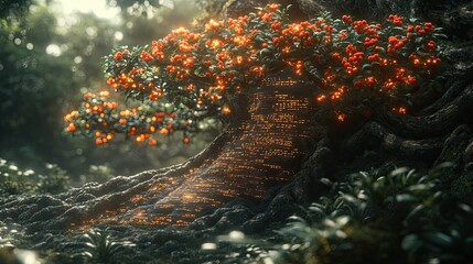 A mystical forest scene with glowing tree. This photo is perfect for fantasy, magic, or nature themes.