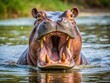 © Sandra - The hippo's snout dips beneath the surface, revealing razor-sharp fangs as its mouth hangs open, and its serene eyes glide shut in the watery haven.