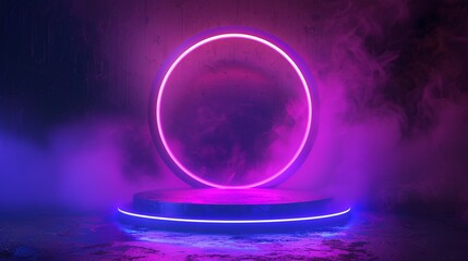 Canvas Print - Mystical futuristic gateway veiled in mist with circular luminous structure and neon glow on dark backdrop, featuring an empty platform.