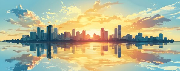 Cityscape Reflected in Water with Dramatic Sunset Clouds