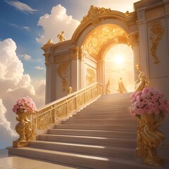 Wall Mural - a golden gate with a statue and flowers on the stairs.