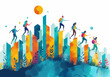 © Perfect Vector - Entrepreneurs Climbing Chart-like Buildings Toward Financial Success in Colorful Art, Business Journey Illustration