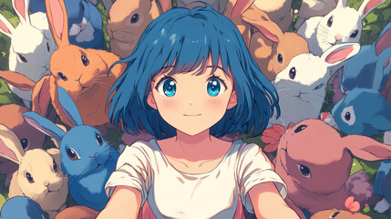 Poster - A vibrant anime girl with blue hair rejoices in a whimsical wonderland, surrounded by a playful group of rabbits.