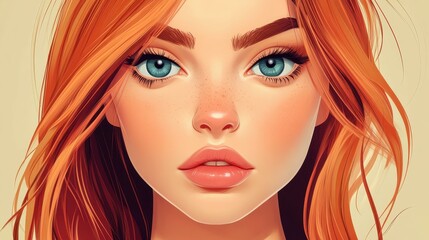 A charming flat illustration showcases a serene young woman, highlighting her vibrant red hair and striking blue eyes.