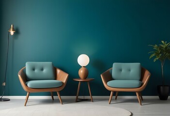 In a minimalist, teal-colored room, two mid-century modern-style armchairs with a small side table and a round lamp.