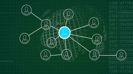 Sticker - Animation of network of connections with icons over globe with data processing on green background