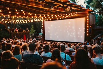 Open air cinema. People watching movie in open air movie theater decorated garlands. AI generative