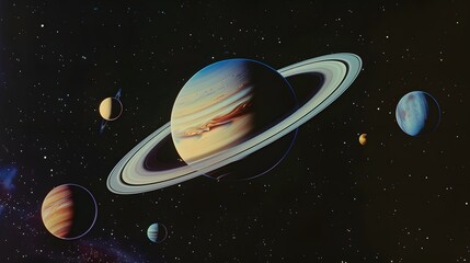 Wall Mural - a large planet with a ring system, surrounded by other smaller planets and stars in a dark sky.