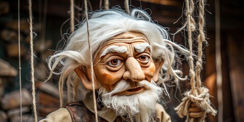 Whimsical, worn wooden marionette with wrinkled face, wispy white hair, and weathered clothing, suspended by tangled strings, evoking nostalgia and forgotten stories.