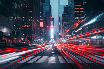 Wall Mural - Fast-moving city traffic captured in a dynamic long exposure, highlighting vibrant red and white light trails against a modern urban skyline at night