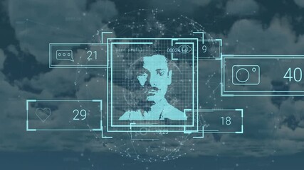 Sticker - Animation of data processing with portraits and globe of connections over sky with clouds