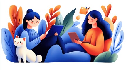 Poster - Two women sitting on a bench with laptops and cat, AI