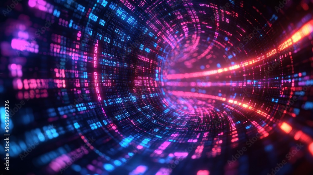 Abstract digital tunnel with vibrant light patterns and data flow.