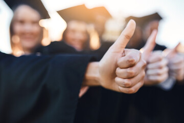 Poster - Thumbs up, university and hands of students for graduation, school ceremony and celebrate achievement. College, academy and men and women with gesture for education, learning and studying success