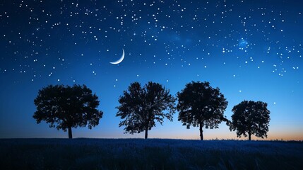 Wall Mural - A serene night sky filled with twinkling stars and a crescent moon, silhouetted trees in a quiet field, dark blue and white color palette, peaceful atmosphere,