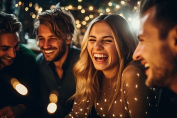 Wall Mural - Friends enjoying xmas laughing portrait adult.