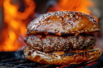 Sticker - A close-up of a burger with a toasty bun and fire in the background, highlighting the heat of the grill