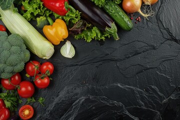 An overhead shot of a colorful vegetable medley on a dark slate background, with a clear area for copy