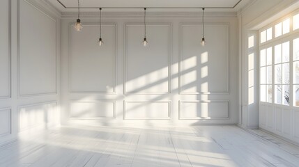 Empty white room with three pendant lamps, white walls, molding, and large windows with natural light.