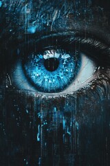 Wall Mural - futuristic digital eye surrounded by blue and black data streams, representing technology and artifi