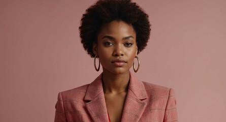 Wall Mural - Calm Black female model in red blazer on light pink background