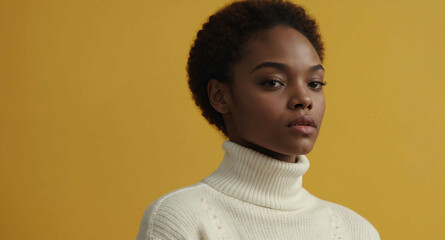 Wall Mural - Calm Black female model in white turtleneck sweater on yellow background