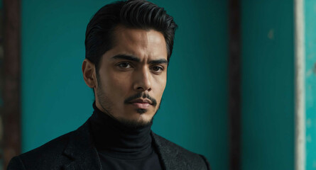 Calm Hispanic male model in black turtleneck on turquoise background