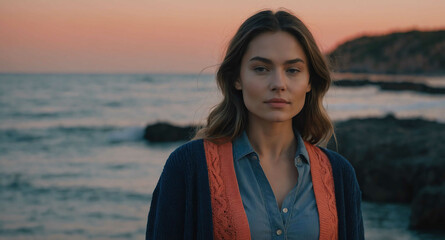 Calm White female model in dark blue cardigan on coral background