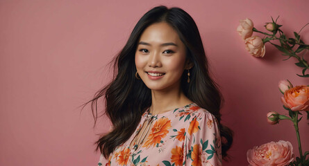 Poster - Cheerful Asian female model in floral summer dress on pink background