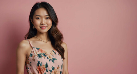 Poster - Cheerful Asian female model in floral summer dress on pink background