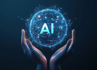 Wall Mural - digital illustration of ai concept with glowing network sphere held by hands, symbolizing technology